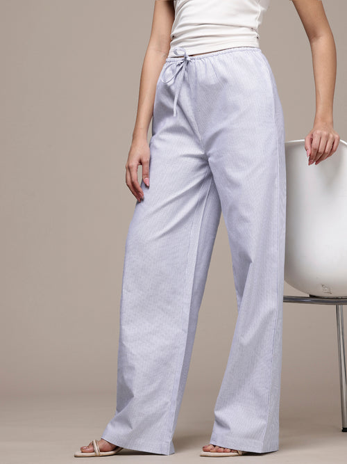 Popnetic Women Striped Cotton-Linen Wide Leg Trousers