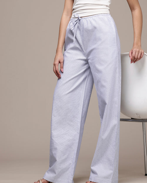 Popnetic Women Striped Cotton-Linen Wide Leg Trousers