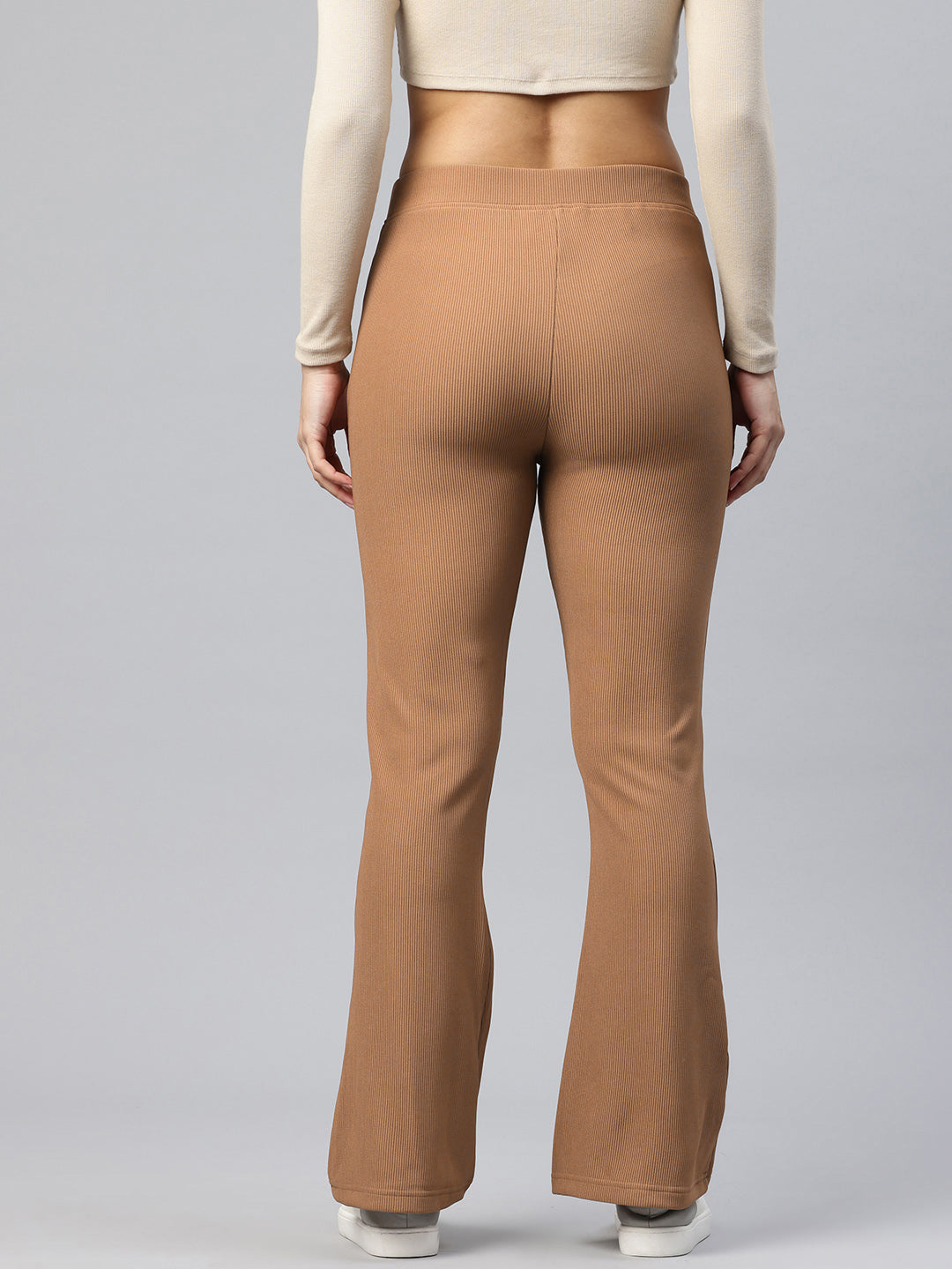 Popnetic Women Ribbed Flared High-Rise Trousers