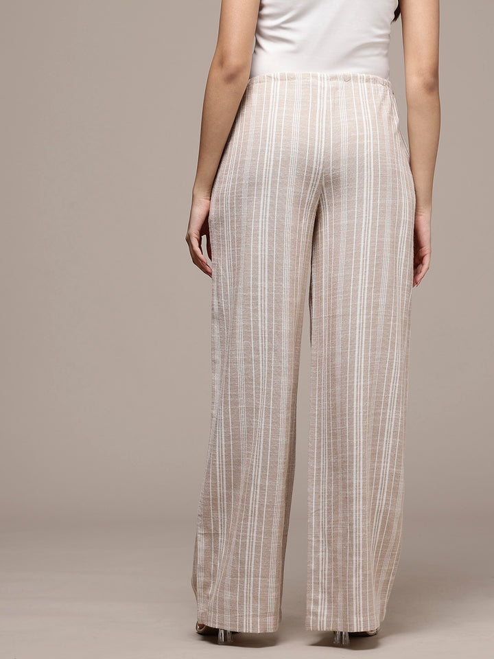 Popnetic Women Striped Cotton-Linen Wide Leg Trousers