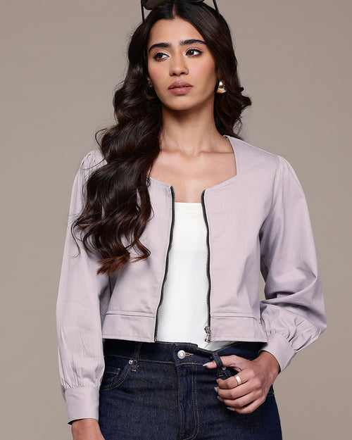 Popnetic Collarless Pure Cotton Crop Tailored Jacket