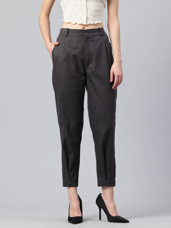 Popnetic Women Tapered Fit High-Rise Pleated Pure Cotton Chinos Trousers
