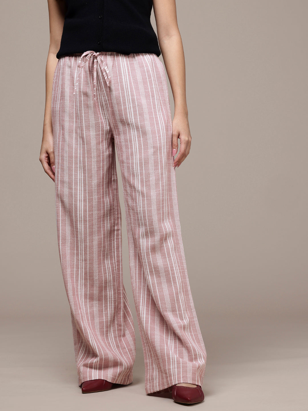 Popnetic Women Striped Cotton-Linen Wide Leg Trousers