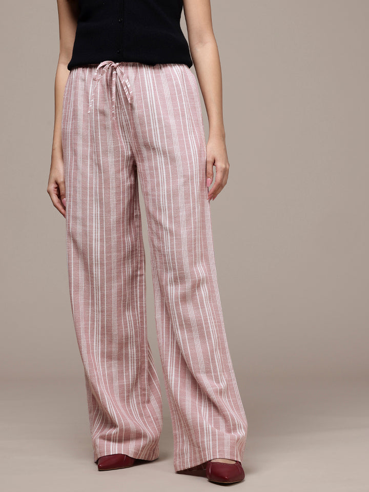 Popnetic Women Striped Cotton-Linen Wide Leg Trousers