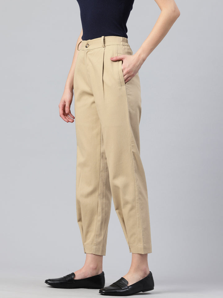 Popnetic Women Tapered Fit High-Rise Pleated Pure Cotton Chinos Trousers