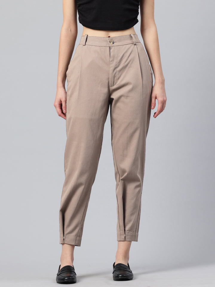 Popnetic Women Tapered Fit High-Rise Pleated Pure Cotton Chinos Trousers