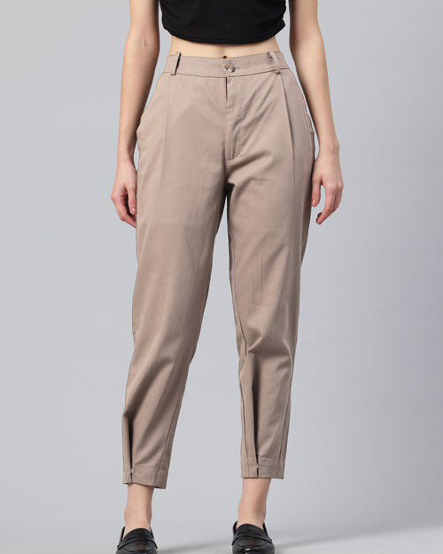 Popnetic Women Tapered Fit High-Rise Pleated Pure Cotton Chinos Trousers