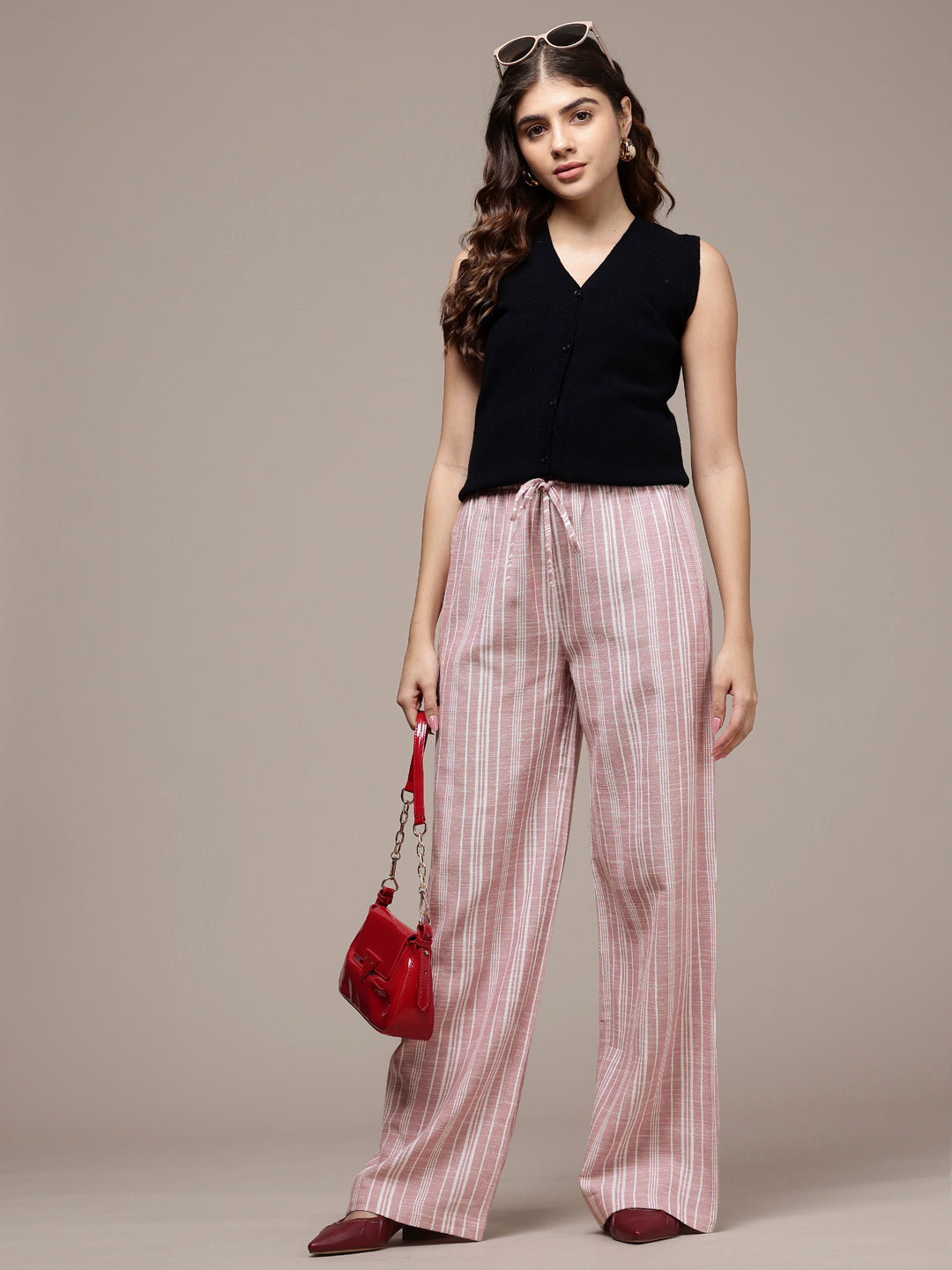 Popnetic Women Striped Cotton-Linen Wide Leg Trousers