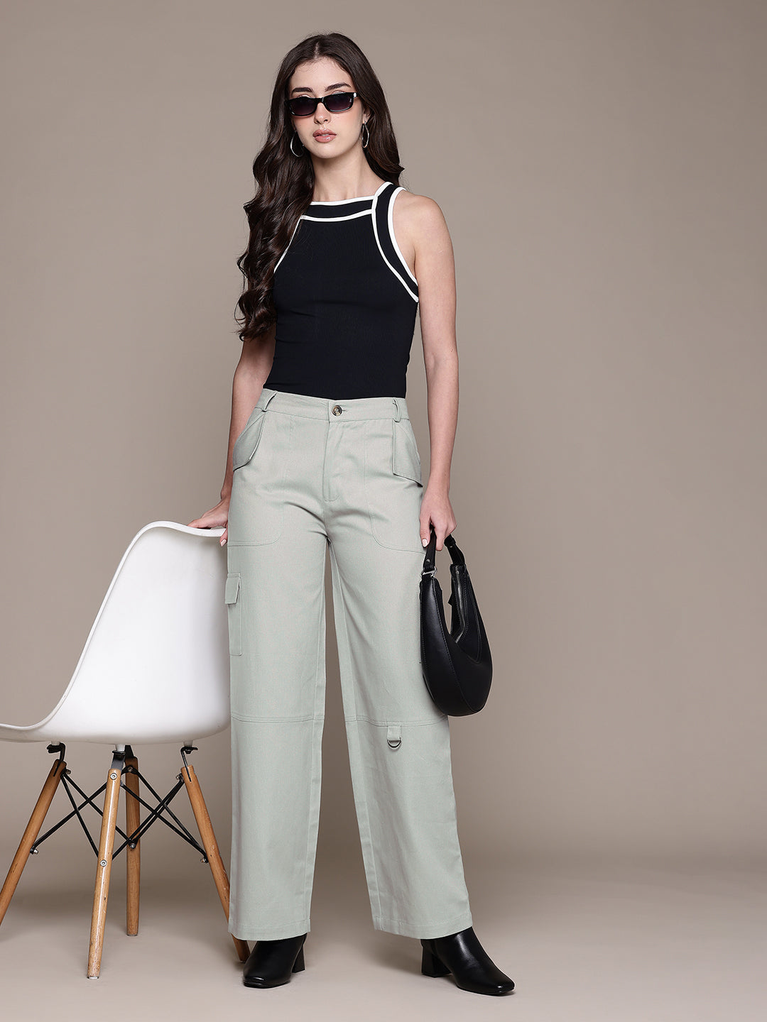 Popnetic Women High-Rise Pure Cotton Twill Weave Cargo-Style Wide Leg Trousers