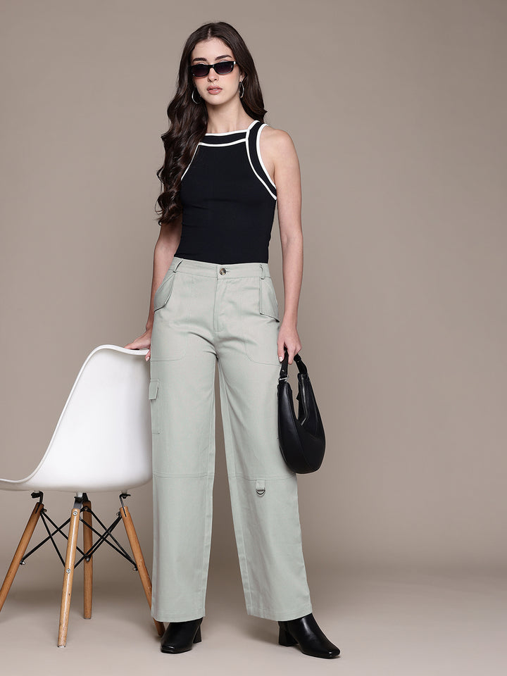Popnetic Women High-Rise Pure Cotton Twill Weave Cargo-Style Wide Leg Trousers