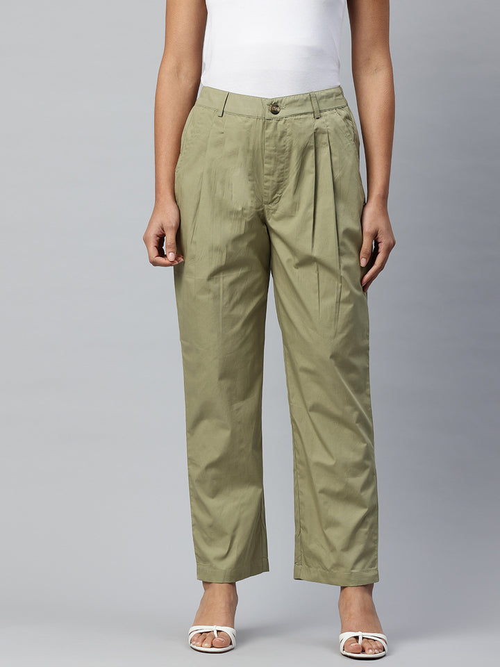 Popnetic Loose Fit High-Rise Pleated Pure Cotton Trousers
