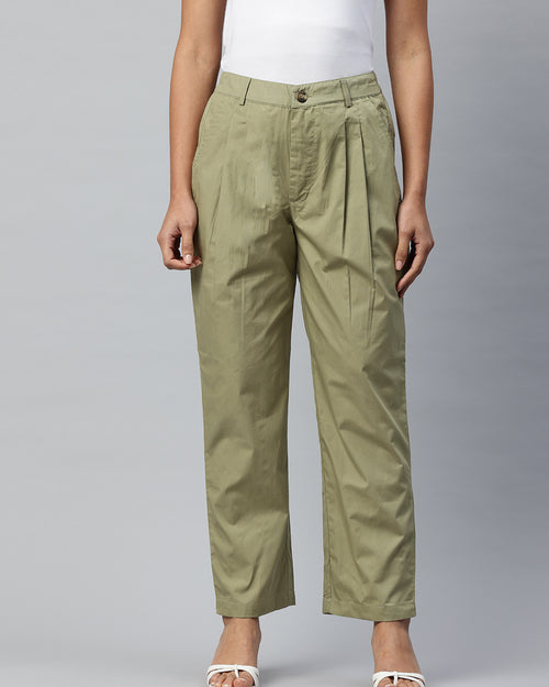 Popnetic Loose Fit High-Rise Pleated Pure Cotton Trousers