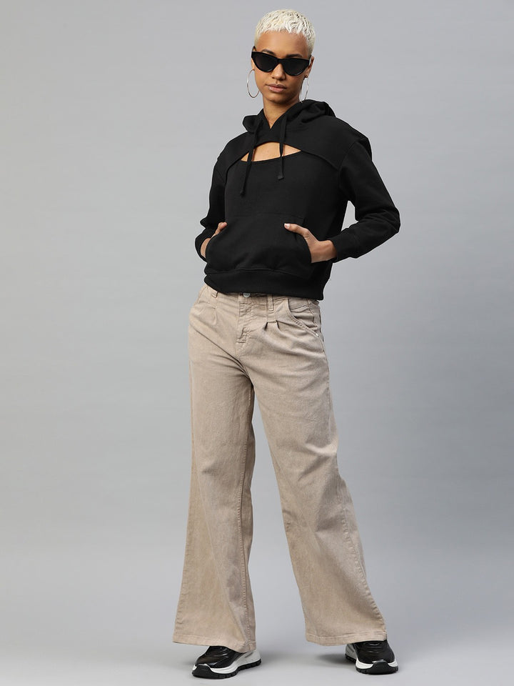 Popnetic Women Solid Cut-Out Detail Hooded Sweatshirt