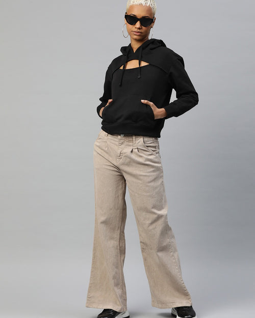 Popnetic Women Solid Cut-Out Detail Hooded Sweatshirt