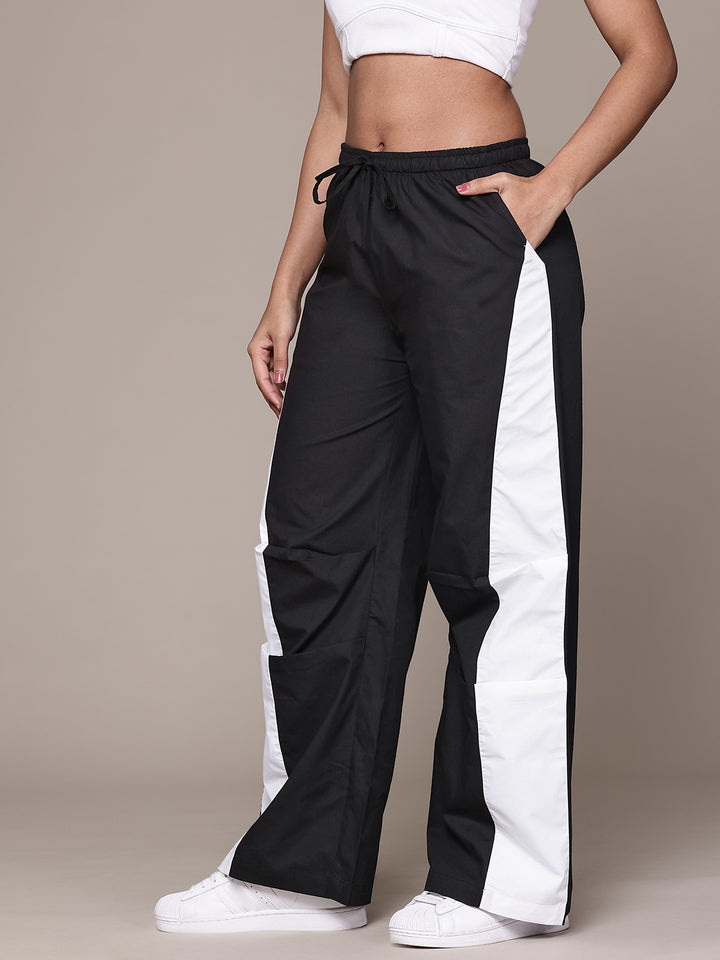 Popnetic Women Colourblocked High-Rise Pure Cotton Wide Leg Fit Parachute Trousers