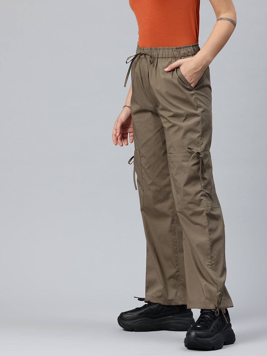 Popnetic Women Loose Fit High-Rise Parachute Cargo Trousers