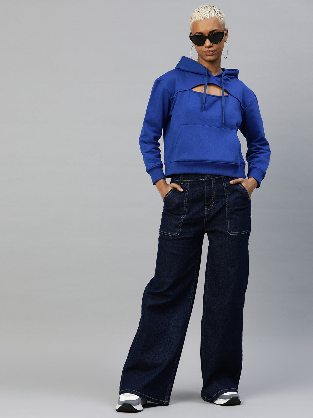 Popnetic Women Solid Cut-Out Detail Hooded Sweatshirt