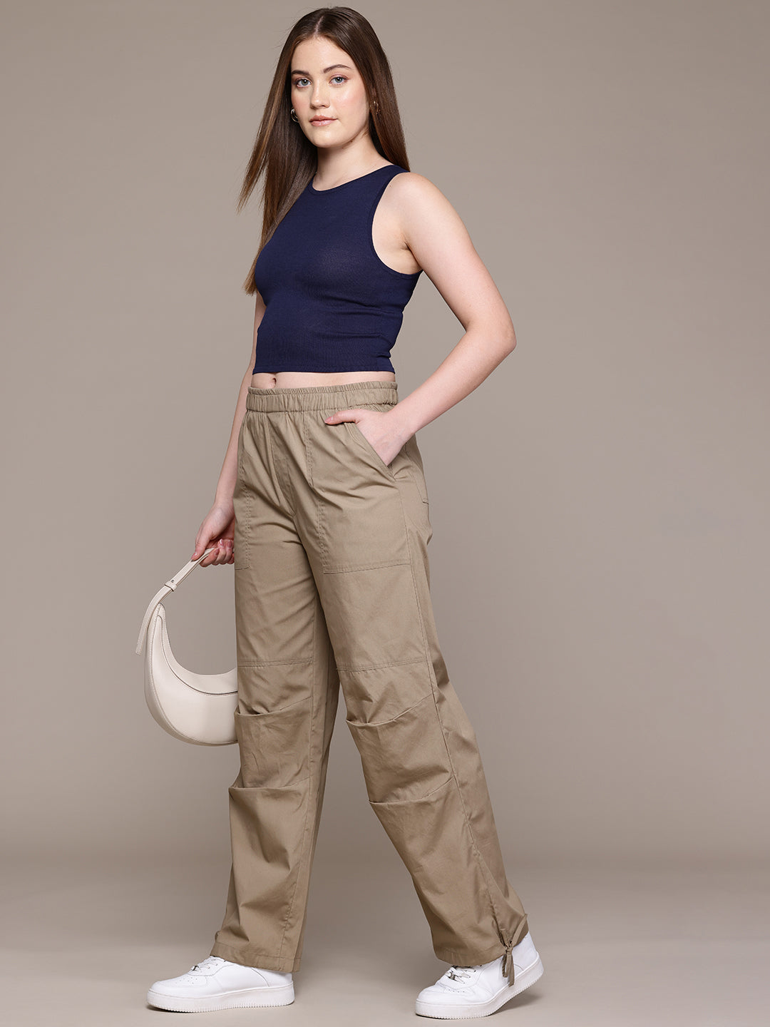 Popnetic Women Loose Fit High-Rise Parachute Cargo Trousers