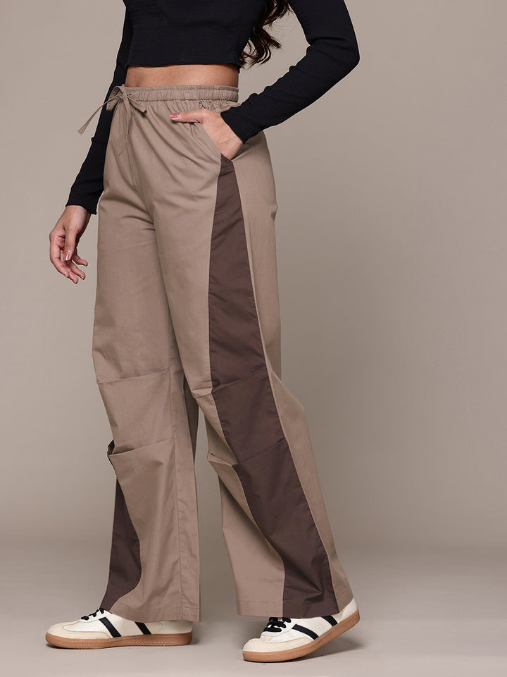 Popnetic Women Colourblocked High-Rise Pure Cotton Wide Leg Fit Parachute Trousers
