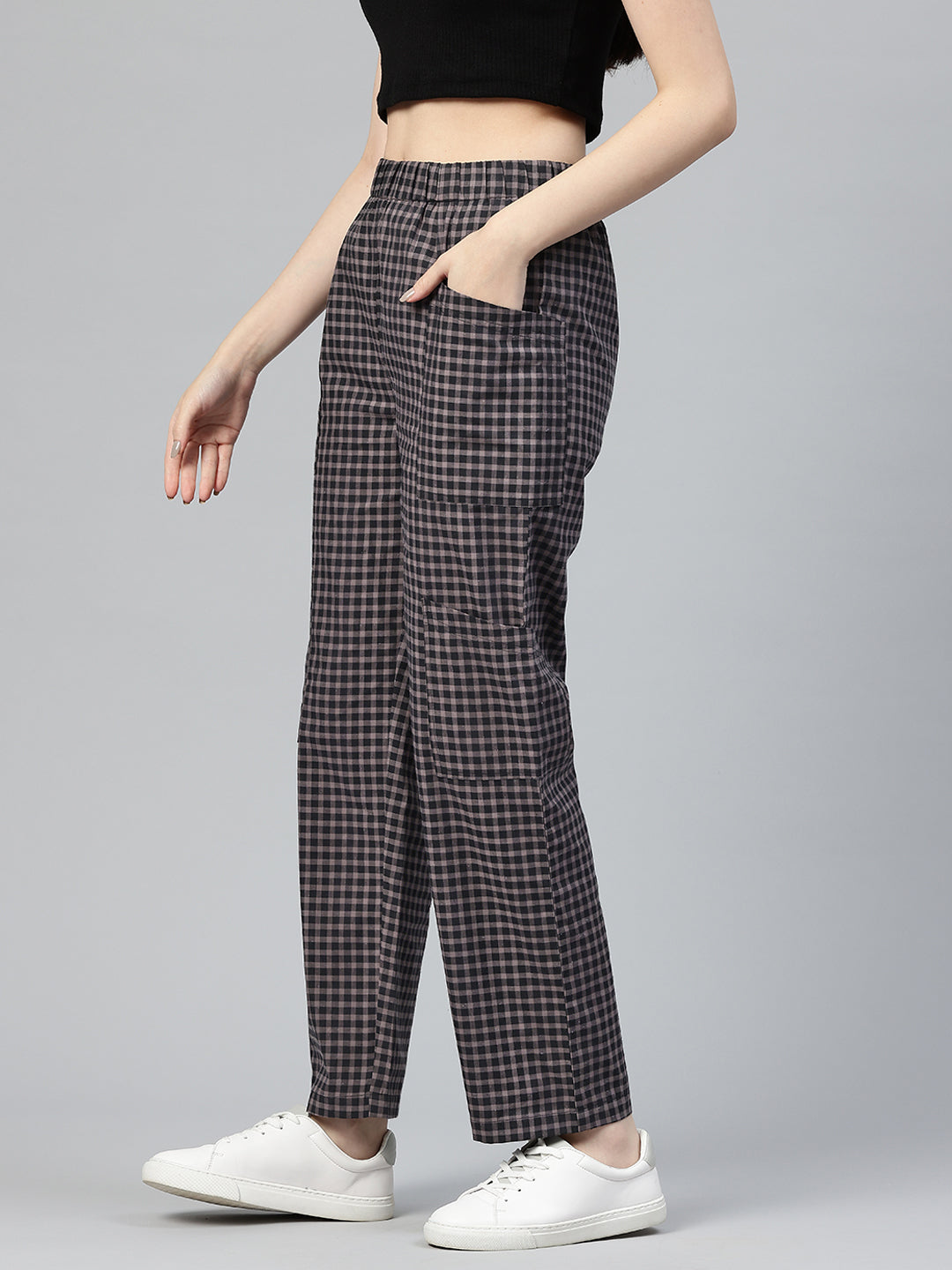 Popnetic Checked High-Rise Pleated Cargos