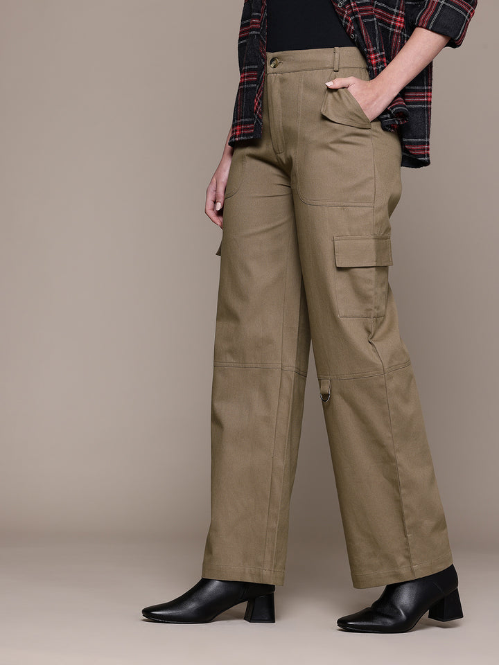Popnetic Women High-Rise Pure Cotton Twill Weave Cargo-Style Wide Leg Trousers