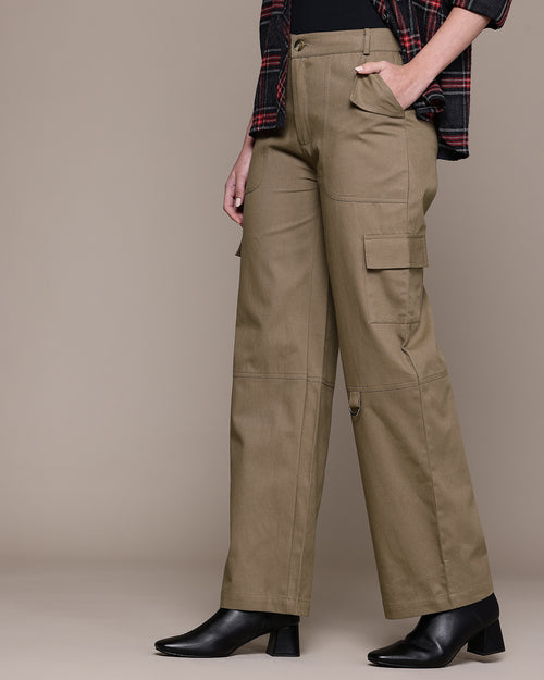 Popnetic Women High-Rise Pure Cotton Twill Weave Cargo-Style Wide Leg Trousers