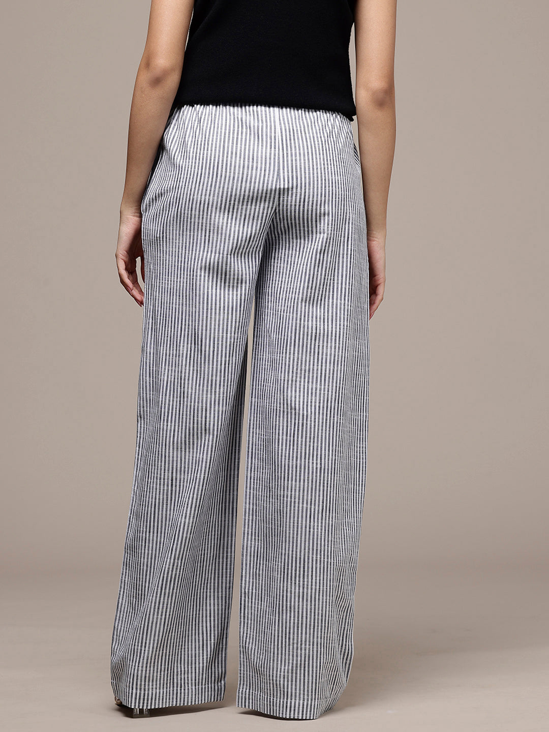 Popnetic Women Striped Cotton-Linen Wide Leg Trousers