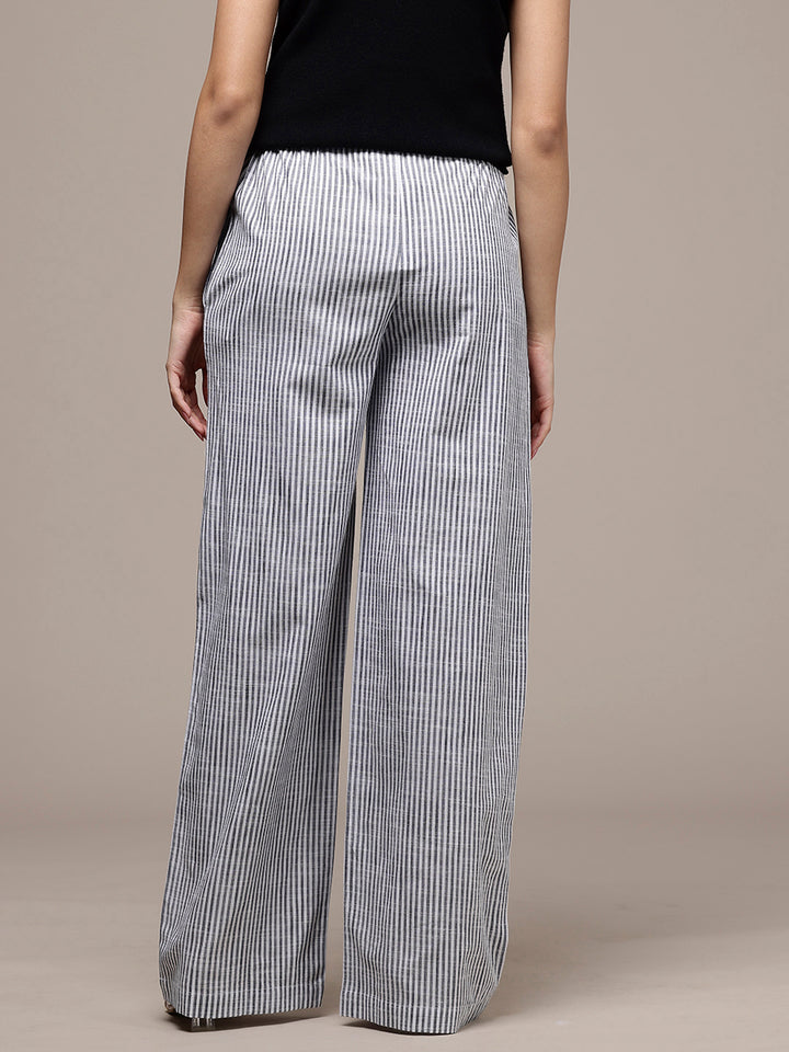 Popnetic Women Striped Cotton-Linen Wide Leg Trousers