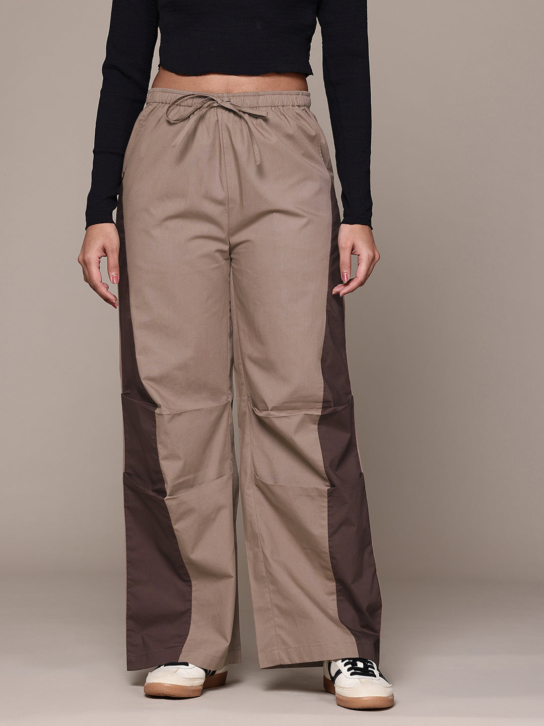 Popnetic Women Colourblocked High-Rise Pure Cotton Wide Leg Fit Parachute Trousers