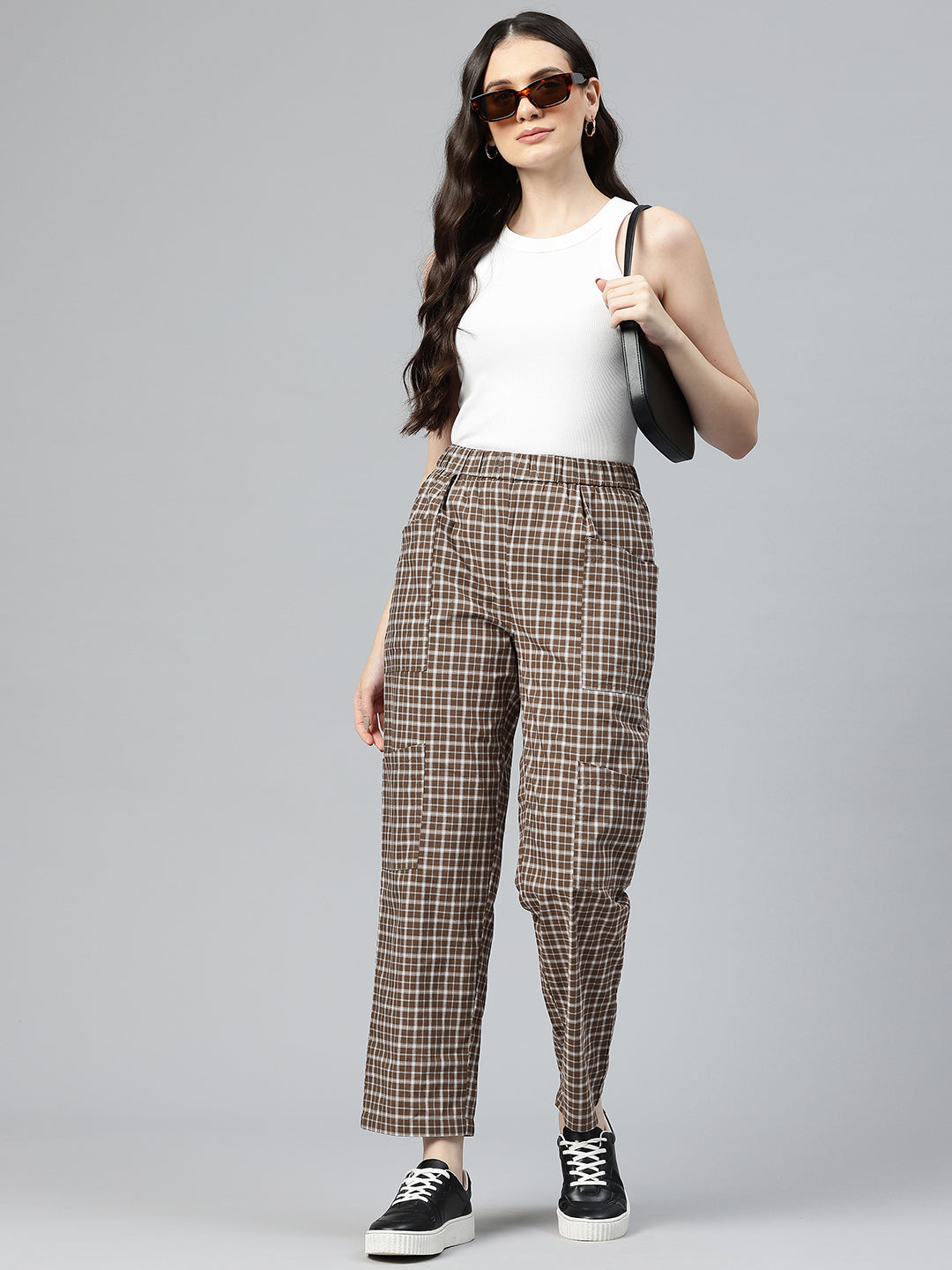 Popnetic Checked High-Rise Pleated Cargos