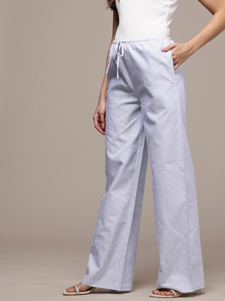 Popnetic Women Striped Cotton-Linen Wide Leg Trousers