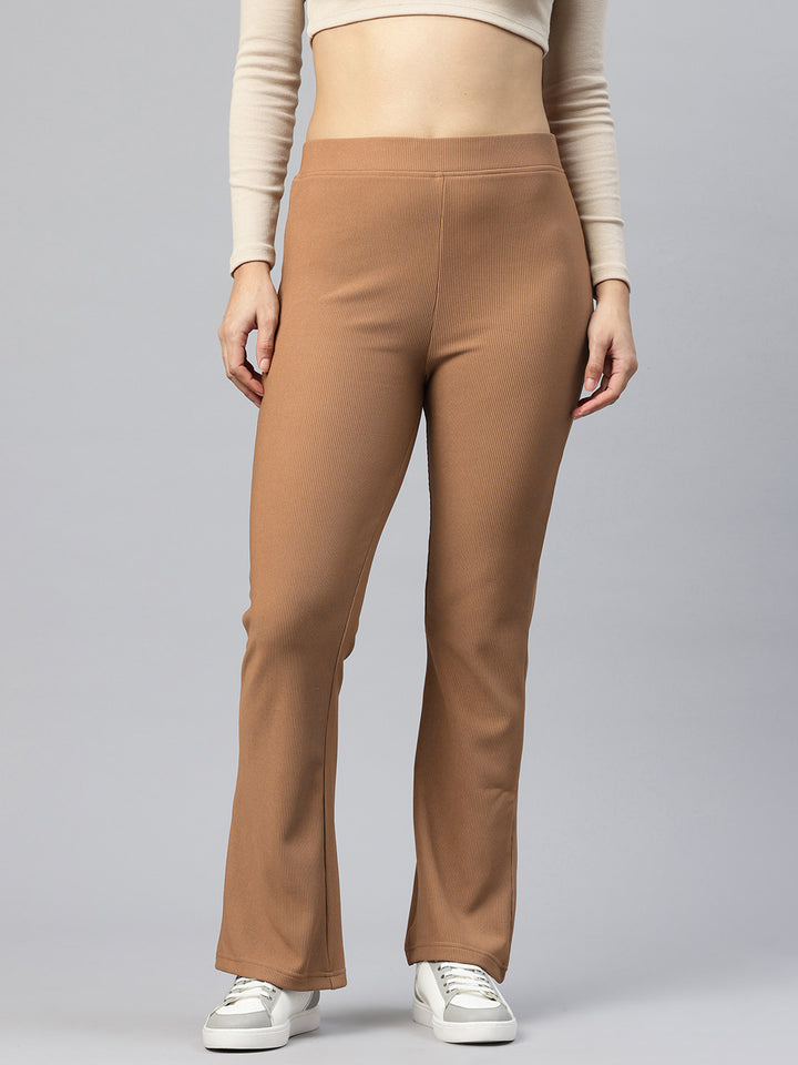 Popnetic Women Ribbed Flared High-Rise Trousers