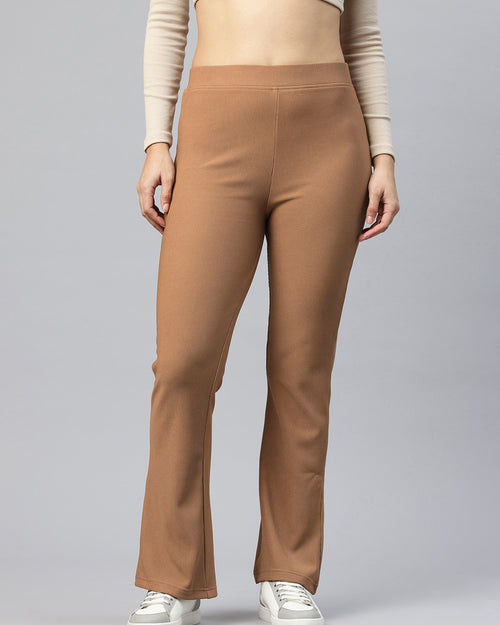 Popnetic Women Ribbed Flared High-Rise Trousers