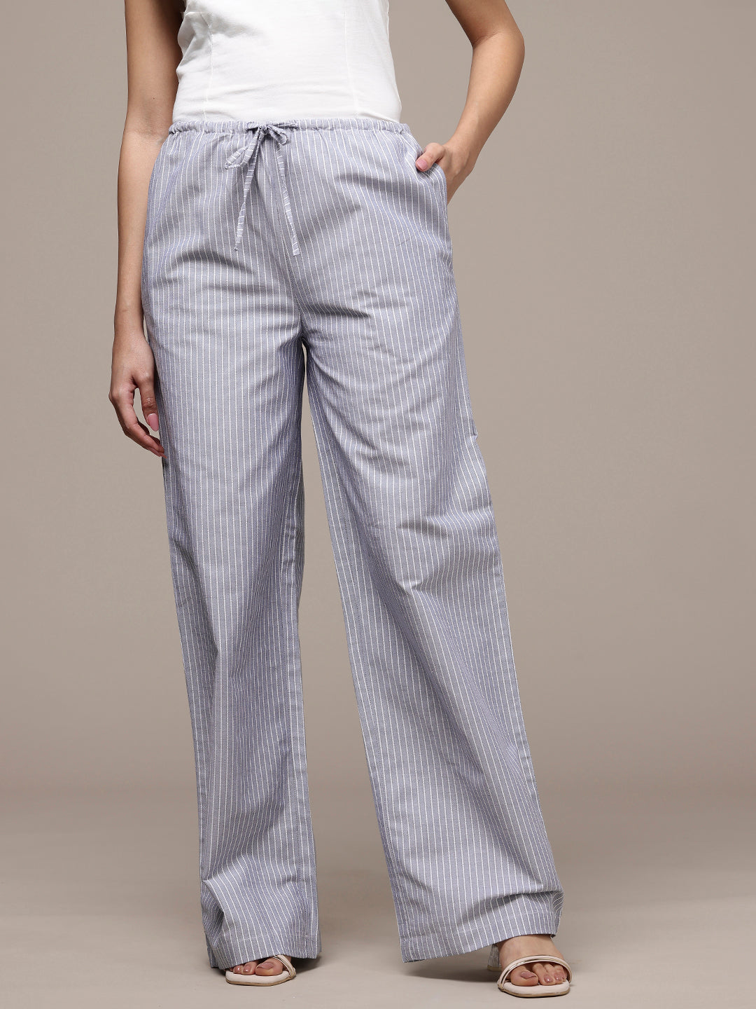 Popnetic Women Striped Cotton-Linen Wide Leg Trousers