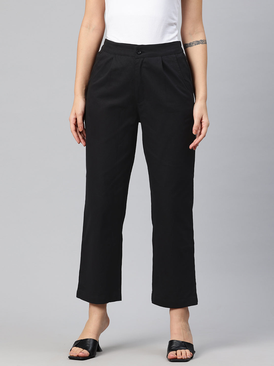 Popnetic High-Rise Pleated Pure Cotton Parallel Trousers