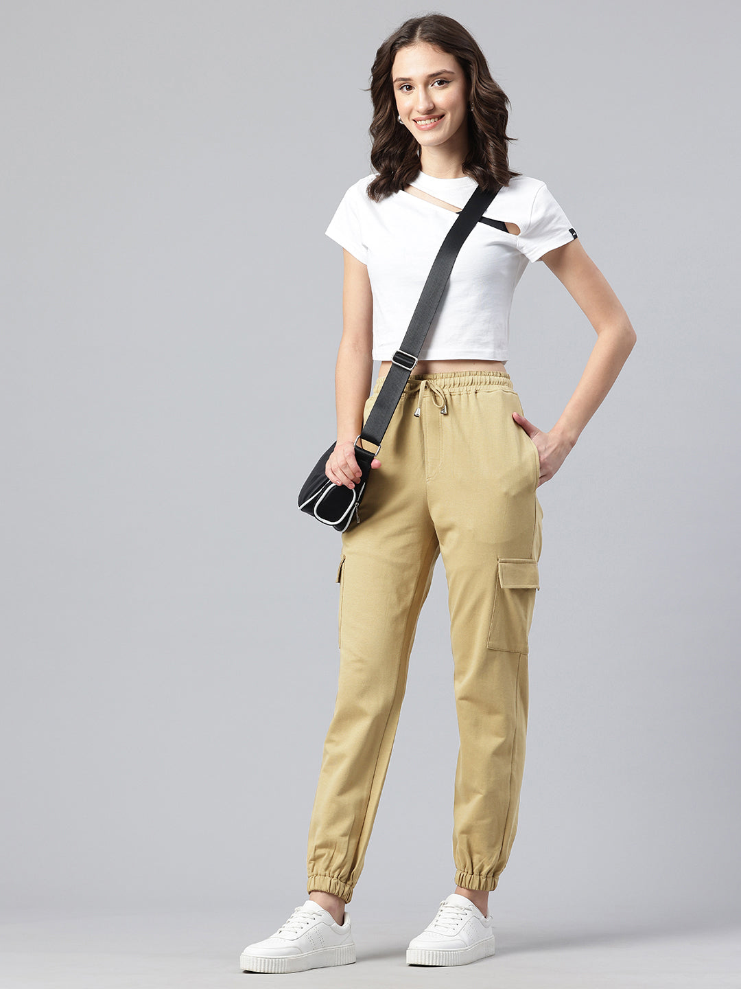 Popnetic Women Pure Cotton High-Rise Cargo Style Joggers Trousers
