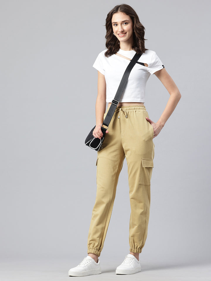 Popnetic Women Pure Cotton High-Rise Cargo Style Joggers Trousers