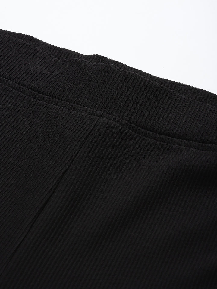 Popnetic Women Ribbed Flared High-Rise Trousers