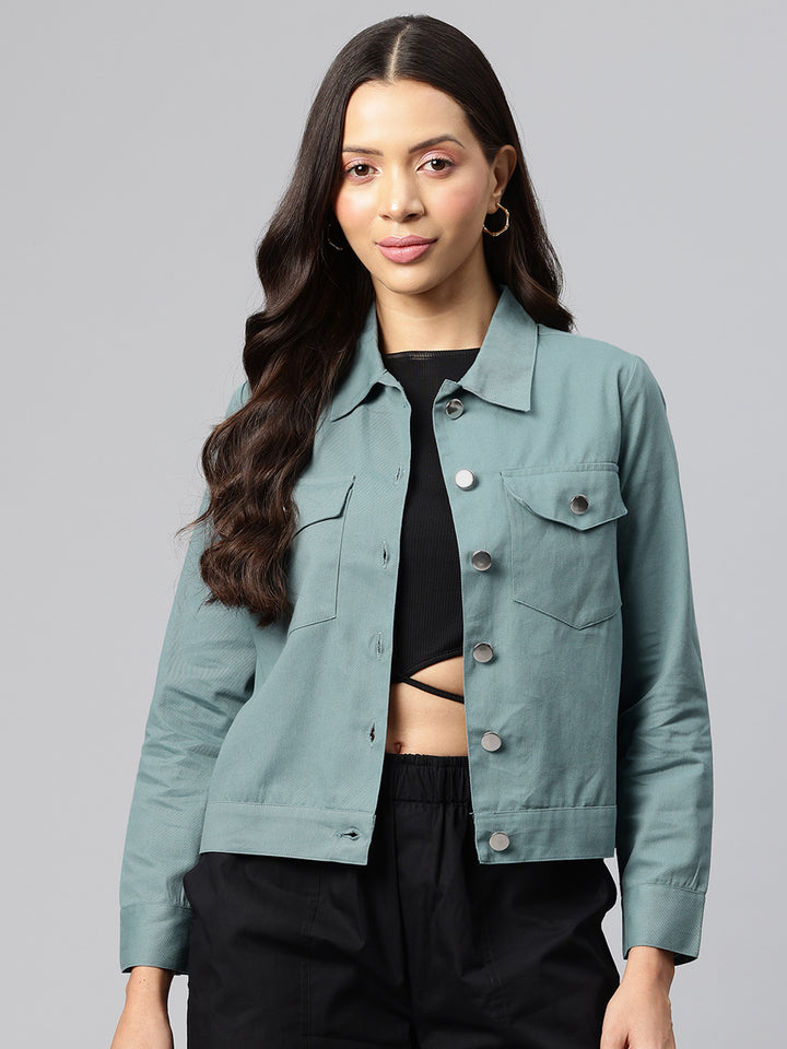 Popnetic Women Solid Pure Cotton Denim Jacket
