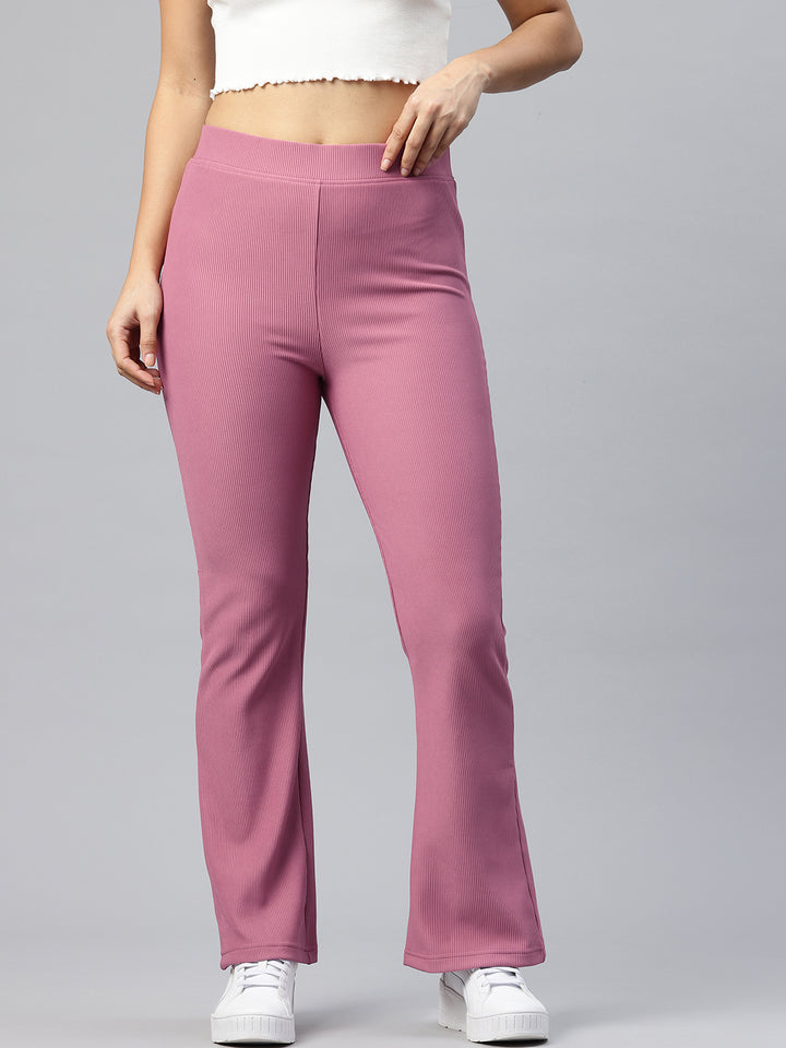 Popnetic Women Ribbed Flared High-Rise Trousers
