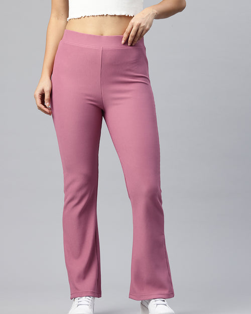 Popnetic Women Ribbed Flared High-Rise Trousers