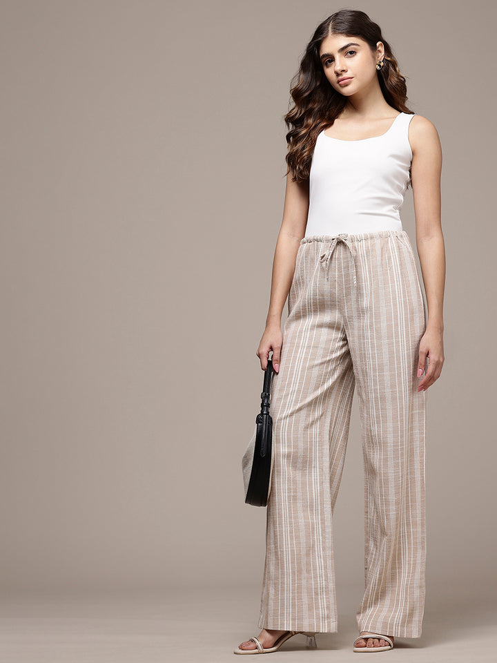 Popnetic Women Striped Cotton-Linen Wide Leg Trousers