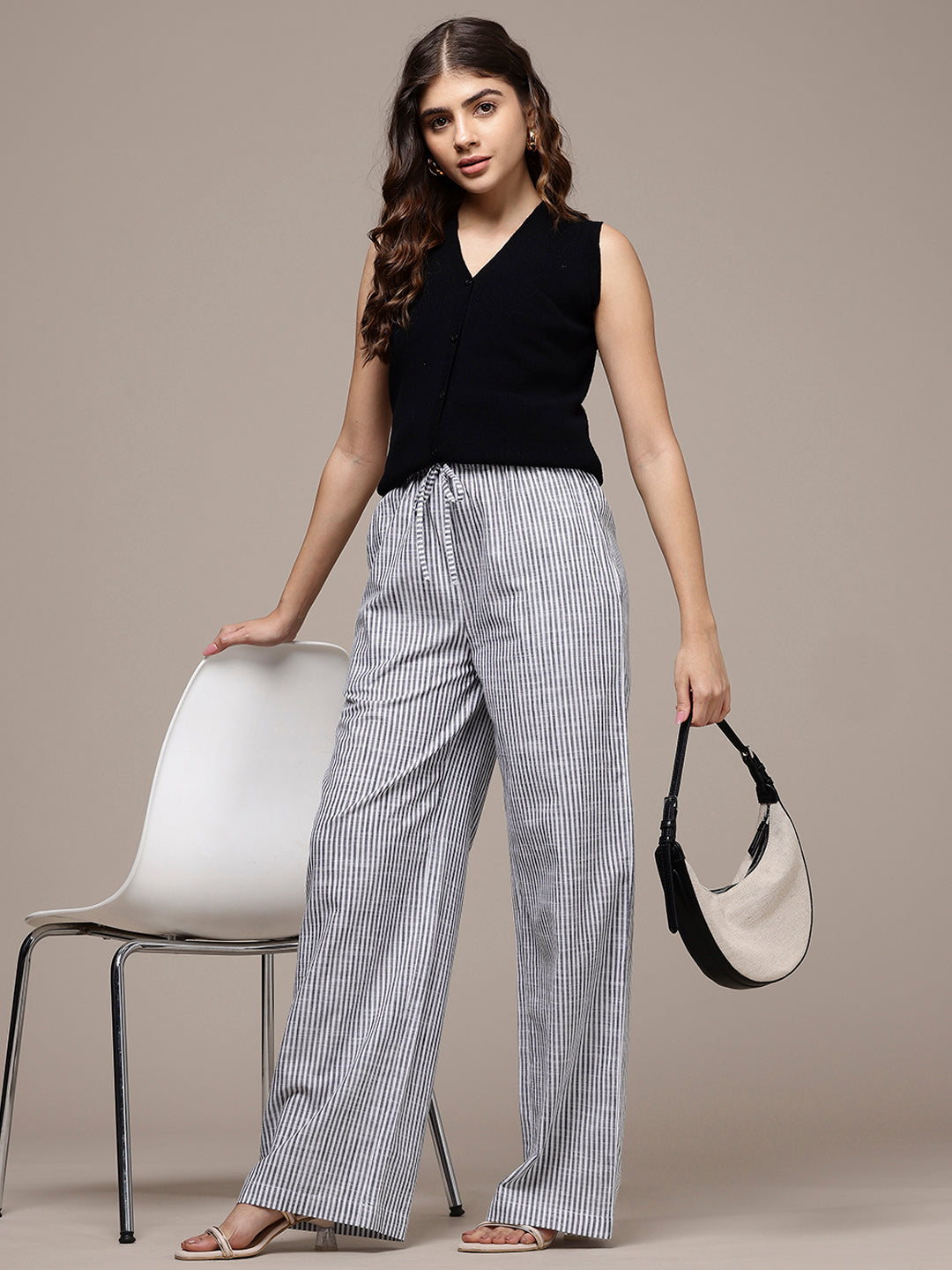 Popnetic Women Striped Cotton-Linen Wide Leg Trousers