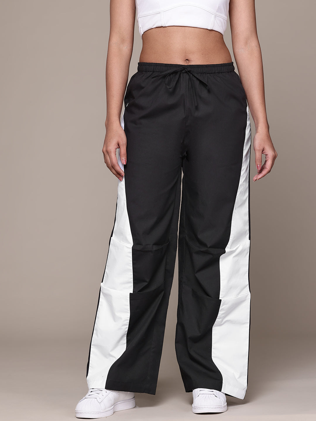 Popnetic Women Colourblocked High-Rise Pure Cotton Wide Leg Fit Parachute Trousers