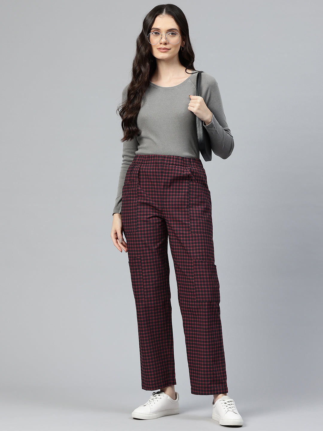 Popnetic Checked High-Rise Pleated Cargos