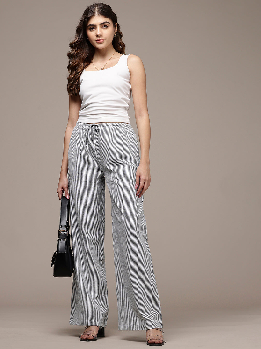 Popnetic Women Striped Cotton-Linen Wide Leg Trousers