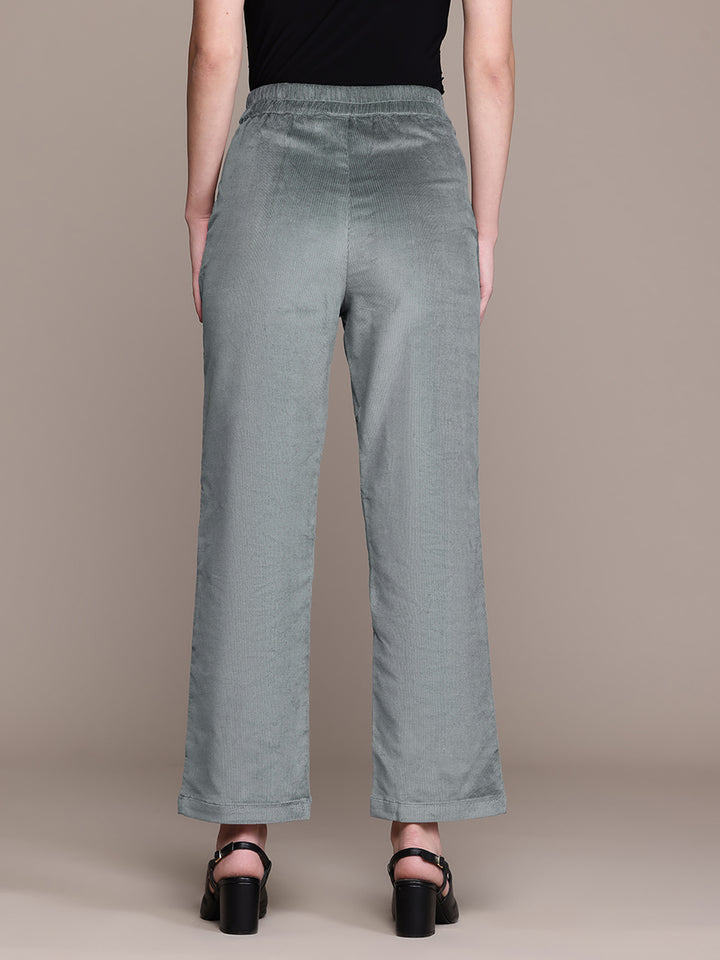 Popnetic Women Smart Straight Fit High-Rise Corduroy Pleated Trousers