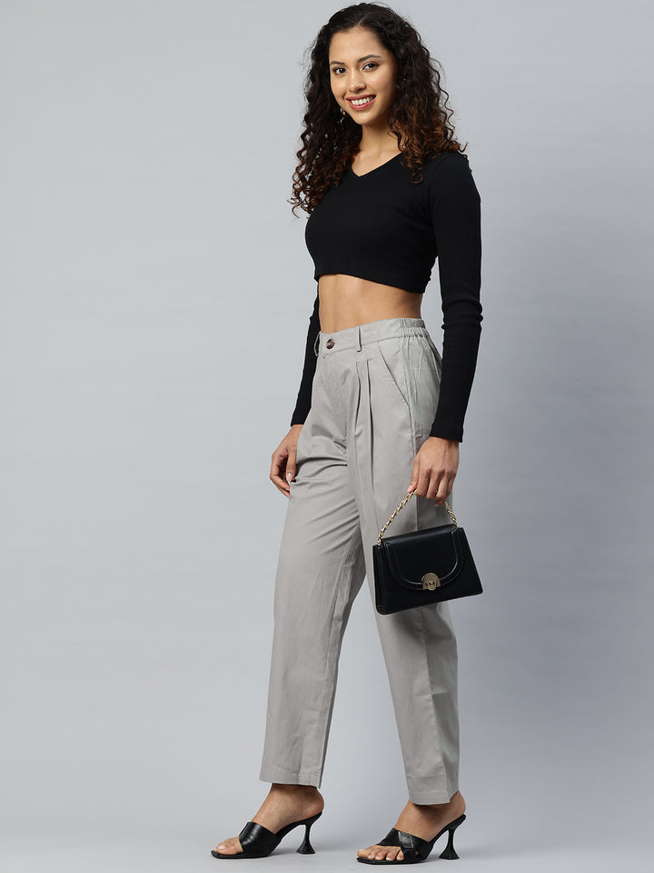 Popnetic Loose Fit High-Rise Pleated Pure Cotton Trousers