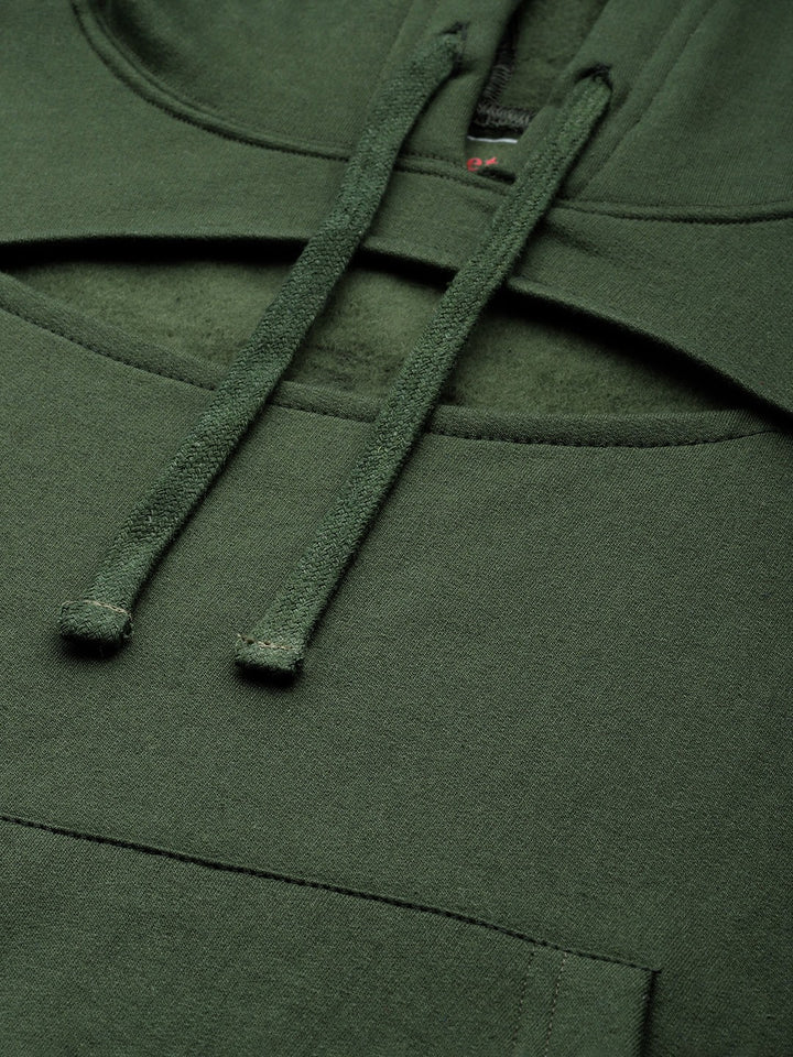 Popnetic Women Solid Cut-Out Detail Hooded Sweatshirt
