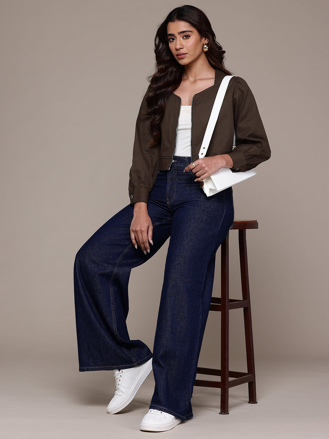 Popnetic Collarless Pure Cotton Crop Tailored Jacket